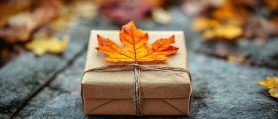 Poster - Autumn Gift Box with Vibrant Maple Leaf