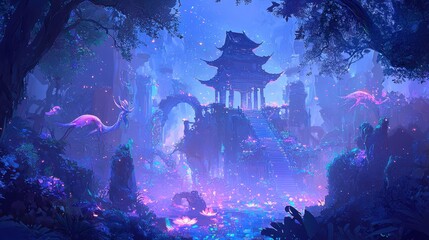 Wall Mural - Enchanted Forest Temple with Magical Creatures and Water Lily Pond