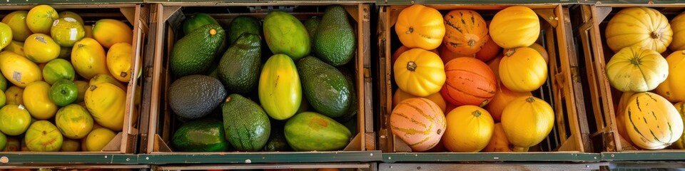 Sticker - Variety of Fresh Fruits Including Avocados, Bananas, Soursops, Melons, and Squashes Displayed in Wooden Bins at a Market