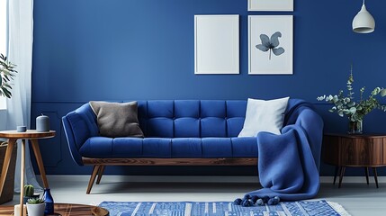 Wall Mural - A modern blue living room with a comfortable blue sofa, a sleek wooden table, and chic blue decor elements, offering a sophisticated look