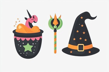 Sticker - Cute Halloween Witchcraft Elements with Unicorn, Cauldron, Hat and Wand