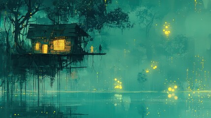 Wall Mural - Mystical Treehouse with Lake and Fireflies at Night