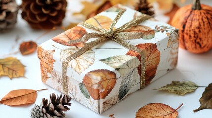 Sticker - Autumn Gift Box with Leaves and Pine Cones