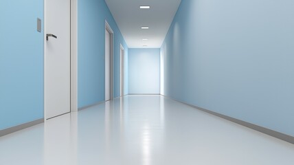 Wall Mural - A hallway with a blue wall and white doors