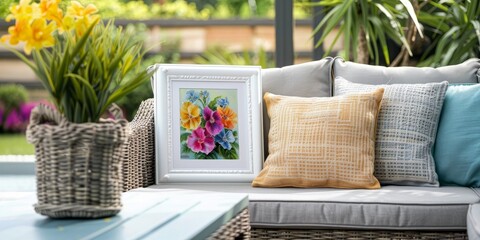 a white frame display on a patio table, holding a colorful floral print, adding charm to the outdoor