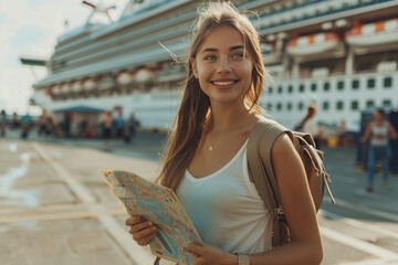 Wall Mural - woman tourist with a map besides a cruise liner, at bustling port preparing for new trip on sea