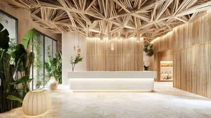 Wall Mural - Modern Reception Area with Bamboo Ceiling and Walls