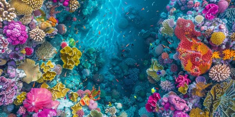 Wall Mural - A bird's-eye view of a coral reef teeming with colorful marine life, showcasing underwater biodiversity and conservation