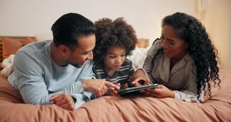 Poster - Tablet, happy and parents with child on bed for online games, internet and streaming cartoon. Family, childhood and mom, dad and kid laugh on digital tech for learning, website and bonding in home