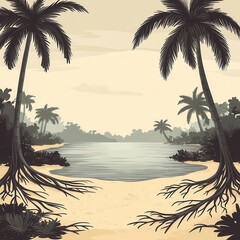 Wall Mural - Tropical desert island with palm trees, sandy beach, and tranquil lagoon at sunset in watercolor illustration for vacation inspiration