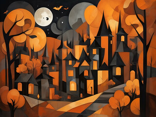 abstract background in orange black color autumn night and Halloween impressions cubism style