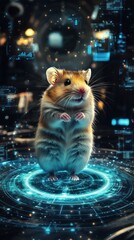 Wall Mural - A hamster standing on a glowing blue digital circle