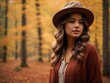 © shrinay - women wearing red hat standing in autumn park