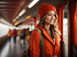 traveler woman wear red orange casual clothes hold suitcase