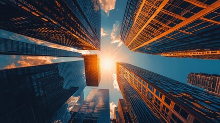 Poster - Modern Skyscrapers Reflecting Sunset in Glass Facades