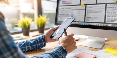 Fototapete - UX/UI designer working on responsive web design layout for optimal user interaction across devices