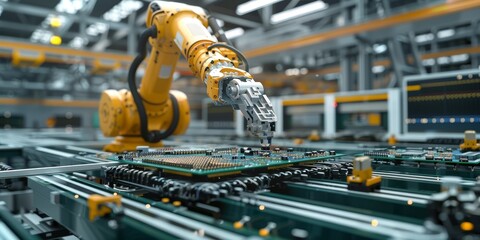Aufkleber - Robotic arm assembling electronic components in a high-tech manufacturing facility, showcasing industrial technology