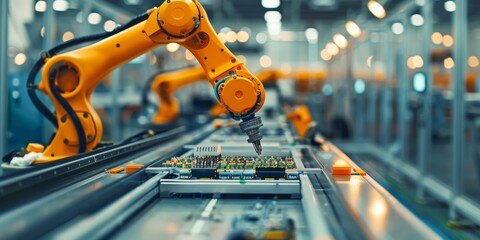 Aufkleber - Robotic arm assembling electronic components in a high-tech manufacturing facility, showcasing industrial technology
