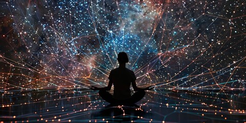 Leinwandbilder - A stunning image of a person meditating at the center of a cosmic web, with each thread connecting to a different universe
