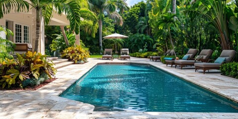 Poster - An outdoor pool area with marble stone decking, comfortable lounge chairs, and lush landscaping, ideal for relaxation and leisure