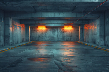 stock photo features a dimly lit, empty concrete garage with gray walls, creating an abstract and grungy atmosphere that evokes a sense of futuristic design, industrial aesthetics, and a potential set