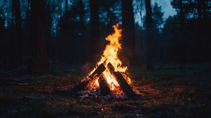 Wall Mural - Burning campfire on a dark night in a forest -