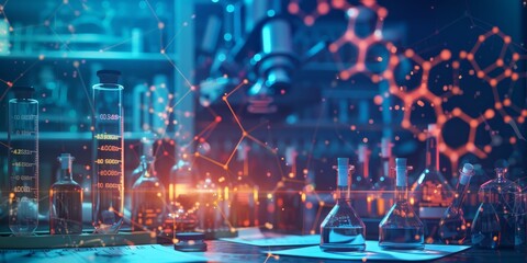 Poster - High-resolution image of a molecular structure with connecting bonds, set against a background of lab notes and scientific equipment