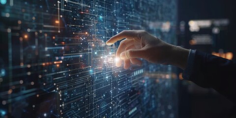 Aufkleber - Digital transformation concept with human hand touching a digital screen, symbolizing innovation and technology advancement