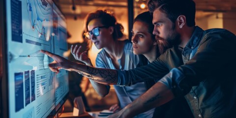 Fototapete - Web design studio atmosphere with designers collaborating on a large digital screen