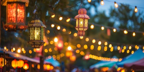 Leinwandbilder - A row of lanterns lighting a festive outdoor market, adding a cheerful and vibrant atmosphere to the event