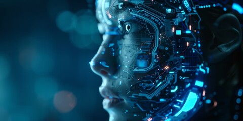 Aufkleber - Artificial intelligence concept with futuristic robot face and digital brain, representing AI and machine learning technology
