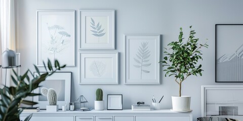 A white frame display on a studio wall, featuring a monochromatic sketch, adding an artistic touch to the creative space