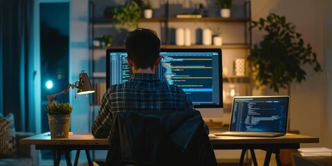 Wall Mural - Programmer coding a responsive website interface with HTML and CSS on a computer screen