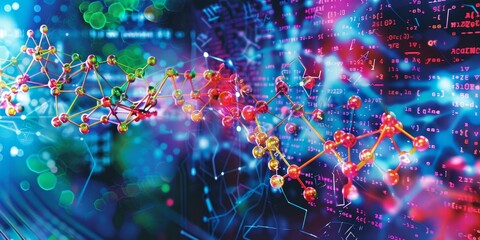 Artistic depiction of molecular structures in bright colors, set against a digital background of genetic data and scientific notes