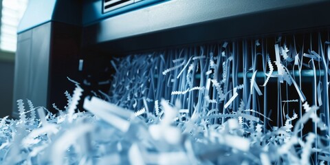 Wall Mural - Close-up of paper shredder cutting confidential documents, emphasizing data protection and security