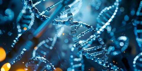 High-quality image of a DNA molecule, showcasing its intricate structure, placed over a background of laboratory research tools