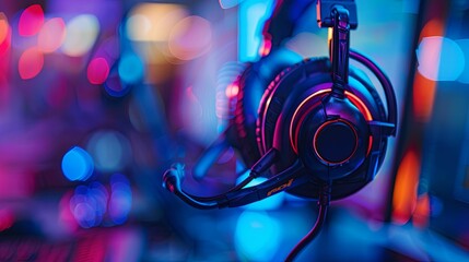 Wall Mural - Gaming Headset with Neon Lights and Bokeh Background