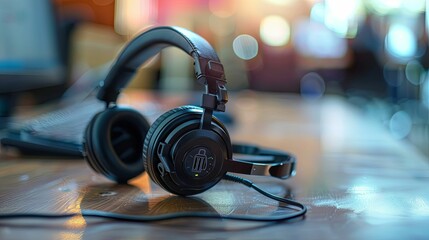 Wall Mural - Black Headphones with a Cable on a Wooden Table