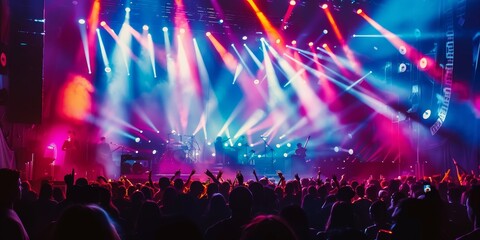 Leinwandbilder - A concert stage bathed in colorful stage lights, highlighting performers in a dynamic and energetic musical performance