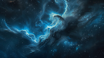 Wall Mural - Deep space nebula with glowing blue clouds and starry sky