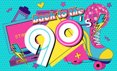 Back in to 90's. Forever young. The 90's style label. Let's go retro party 90's. Vector illustration
