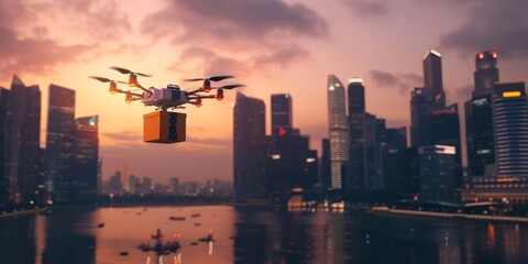 Aufkleber - Autonomous drone delivery service concept with city skyline in background, illustrating technology in logistics