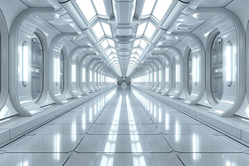 A 3D rendering of a modern, futuristic gray hallway interior with reflective surfaces and a blank mock-up space, evoking a spaceship concept 