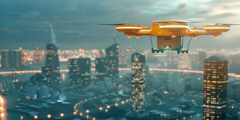 Aufkleber - Autonomous drone delivery service concept with city skyline in background, illustrating technology in logistics