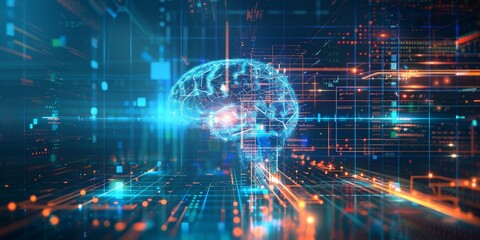 Poster - Machine learning and artificial intelligence technology with digital data processing on abstract futuristic background