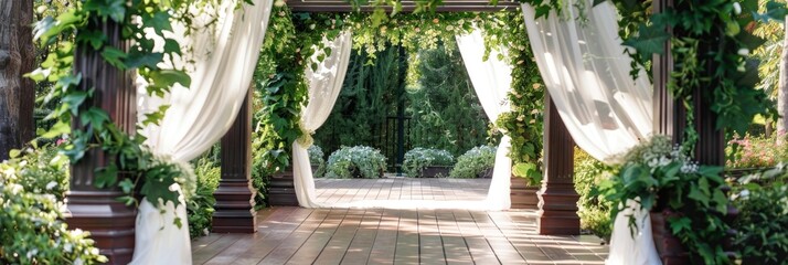 Canvas Print - Elegant Wedding Setup with Floral Arch Surrounded by Lush Greenery