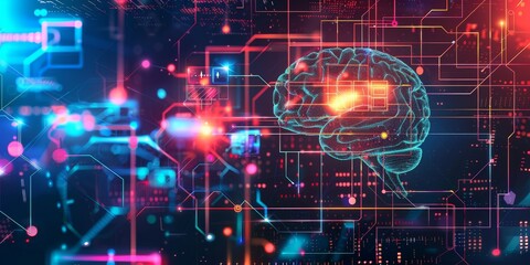 Poster - Machine learning algorithms and AI technology concept with digital data flow on abstract futuristic design