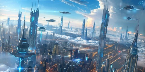 Aufkleber - Futuristic digital cityscape with holographic buildings and flying vehicles, symbolizing future technology and urban development