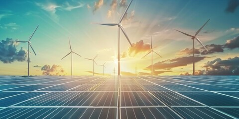 Aufkleber - Renewable energy technology with solar panels and wind turbines, illustrating sustainable energy and environmental technology