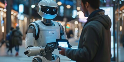 Aufkleber - Robotics technology with humanoid robot interacting with human, showcasing AI and robotics in industry